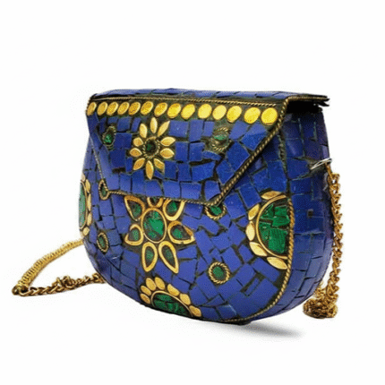 Handmade Blue Mosaic Purse with Green Stone and Gold Chain
