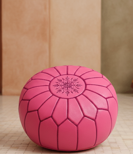 Pink Moroccan Leather Round Ottoman – 21″ Handcrafted Pouf with Burgundy Mandala Embroidery