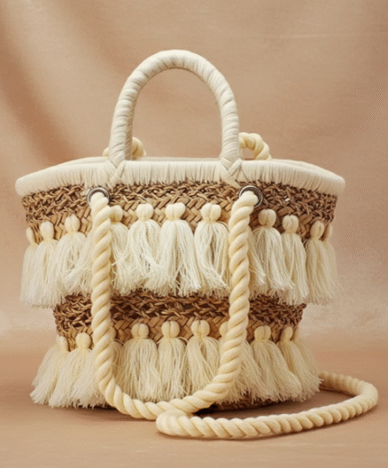 Tassel Straw Beach Bag – Handwoven Boho Basket Tote with Cotton Fringe