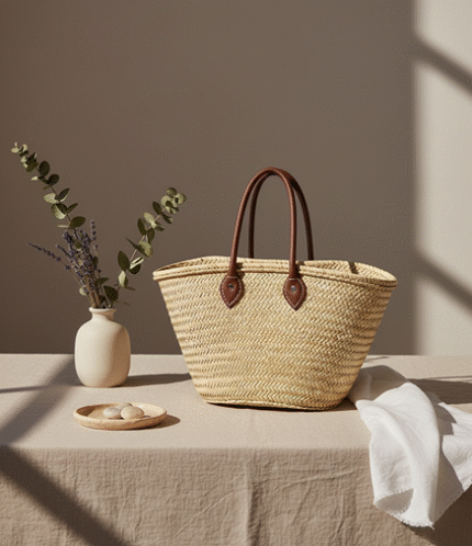 Handwoven Moroccan Straw Tote with Leather Handles – Chic French Market Bag
