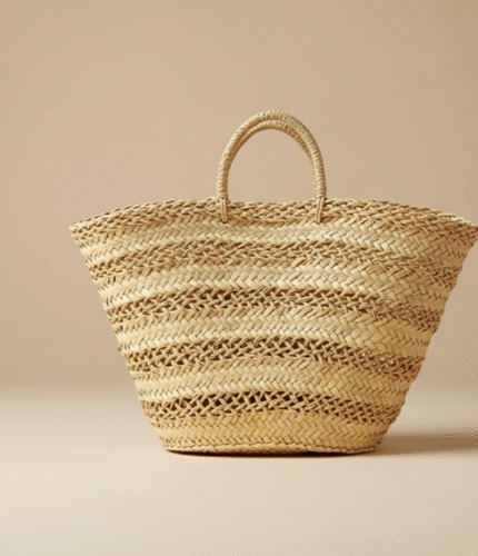 Handwoven Natural Straw Market Tote – Large Moroccan Lattice Beach Basket