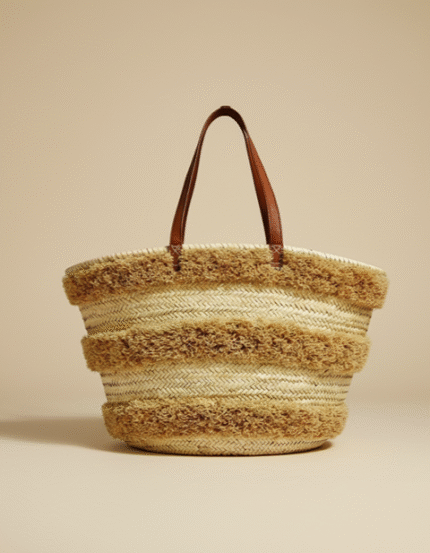 Striped Handwoven Straw Beach Tote – Raffia Basket with Cognac Leather Handles