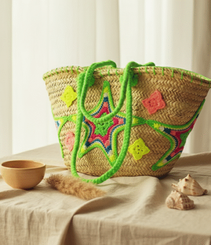 Embroidered Straw Basket Bag – Handwoven Summer Tote with Cotton Handles