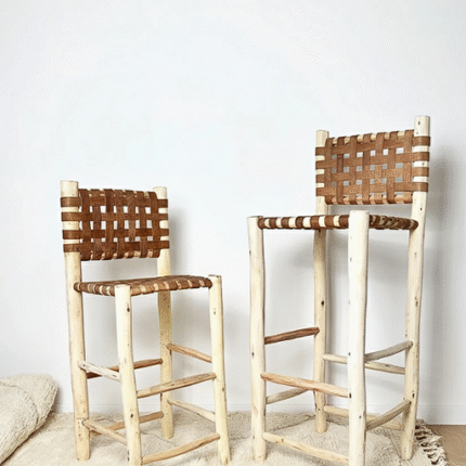 Handwoven Moroccan Leather Bar Stool – Cowhide Counter Chair