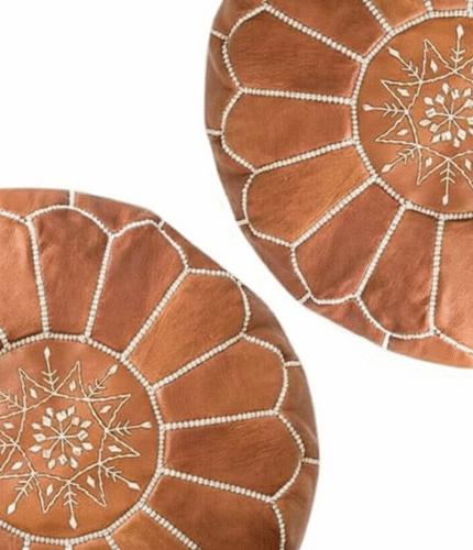 Set of 2 Handcrafted Tan Leather Round Ottomans – 21″ Moroccan Floor Poufs from Marrakech
