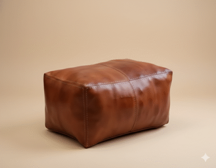 Cognac Brown Leather Rectangle Ottoman 36″ – Handcrafted Moroccan Floor Pouf