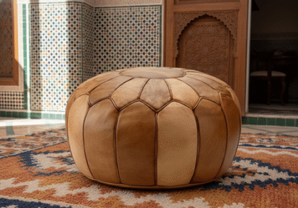 Genuine Leather Round Ottoman 21″ – Handcrafted Caramel Floor Pouf