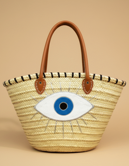 Evil Eye Handwoven Straw Beach Bag – Protective Artisan Tote with Leather Handles