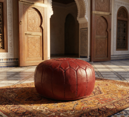 Leather Floor Ottoman Round 21″ – Deep Red Moroccan Pouf