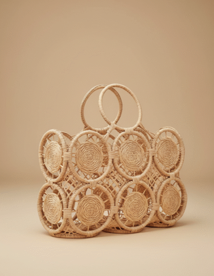 Handwoven Raffia Tote 30cm – Natural Medallion Bag with Artistic Floral Coils