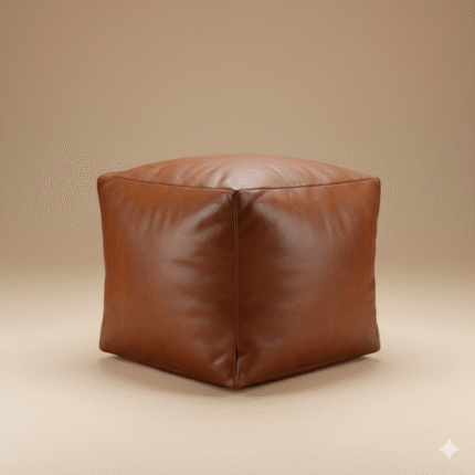 Cognac Square Leather Ottoman 16″ – Handcrafted Minimalist Moroccan Pouf