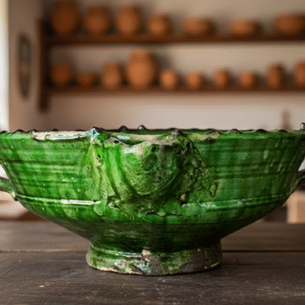 Handmade Tamegroute Green Ceramic Serving Bowl – Large 12″ Bowl with Handles