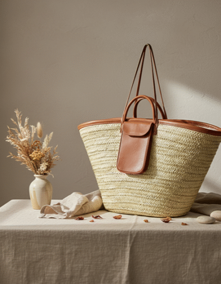 Natural Handwoven Straw Beach Bag – Tote with Leather Pocket & Straps