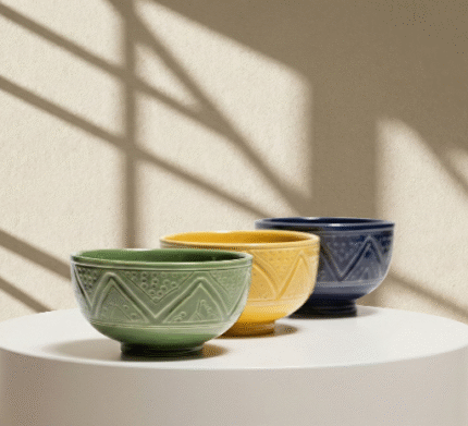 🏺 Hand-Engraved Geometric Ceramic Bowl Set (4 Pieces) – Traditional 10cm Serving Bowls