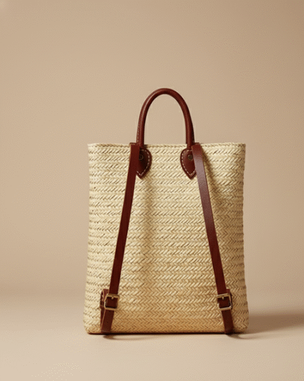 Handwoven Convertible Straw Backpack – Natural Fiber Tote with Premium Leather Straps