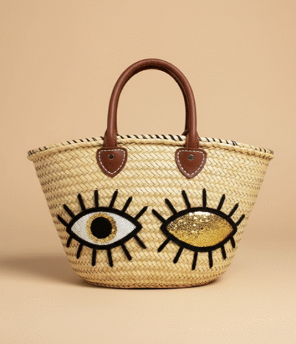 Winking Eye Straw Tote Bag – Sequin Embellished Handwoven Basket