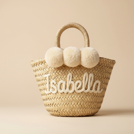 Personalized Mini Moroccan Straw Bag Set – Custom Name Beach Bags with Pom Poms