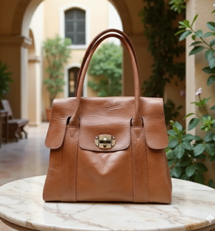 Handcrafted Cognac Leather Tote – Designer Satchel with Gold Turn-Lock Closure