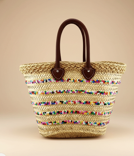 Rainbow Sequin Straw Tote Bag – Handwoven Moroccan Beach Basket with Leather Handles