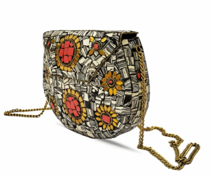 African Wax Print Mosaic Purse with Gold Chain – 7.5" Structured Handbag