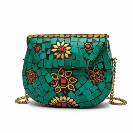 Green Mosaic Handmade Purse with Red Stone Accent & Gold Chain