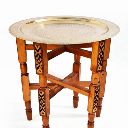 Hand Hammered Silver Tea Tray Table with Carved Wooden Folding Stand