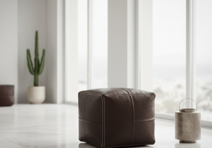 Square Leather Floor Ottoman 16″ – Handcrafted  Pouf with Cream Stitching