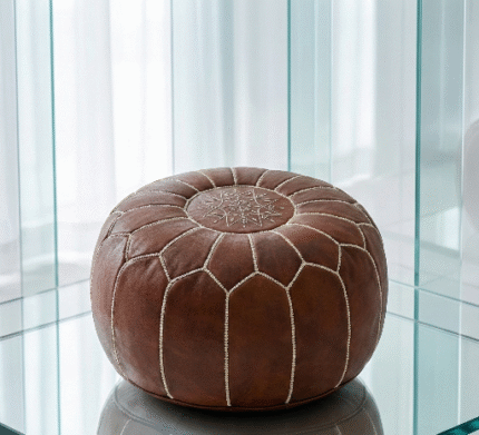 Genuine Leather Round Ottoman 21″ – Handcrafted Moroccan Floor Pouf (Cognac Brown)