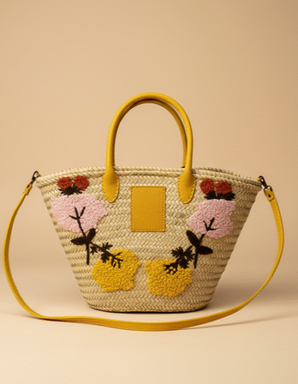 Handwoven Embroidered Straw Market Basket – Multicolor Tote with Leather Handles