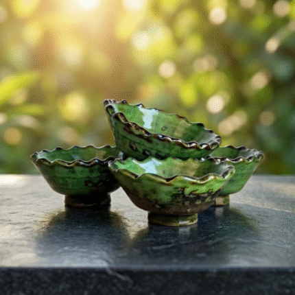 Set of 3 Tamegroute Forest-Green Ceramic Bowls – Handcrafted Ruffled Edge Artisan Set