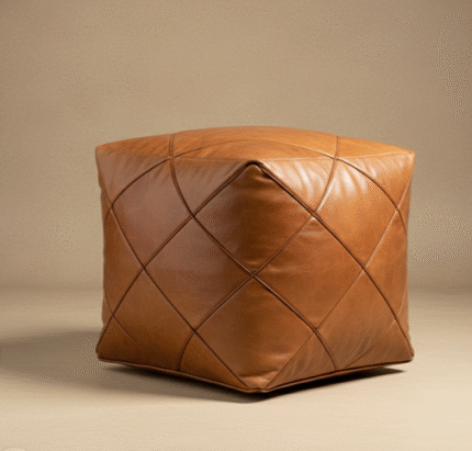 Cognac Brown Leather Rectangle Ottoman 36″ – Handcrafted Moroccan Floor Pouf