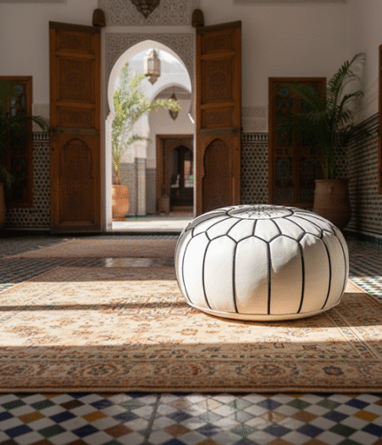 White Moroccan Leather Round Ottoman – 21″ Handcrafted Pouf with Black Geometric Star Embroidery