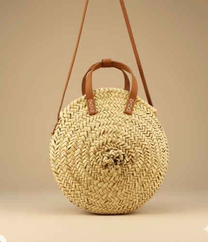 Round Straw Tote Bag with Leather Handles – Handwoven Circle Basket