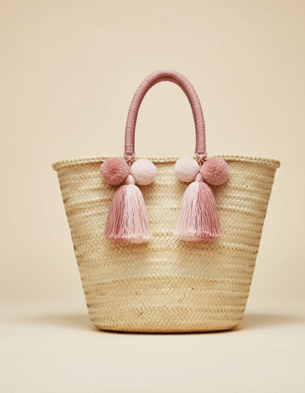 Pom Pom Handwoven Straw Shopper Bag – Beach & Market Tote with Cotton Handles