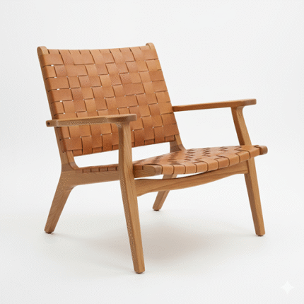 Handwoven Leather Lounge Chair – Mid-Century Artisan Design with Solid Teak Frame