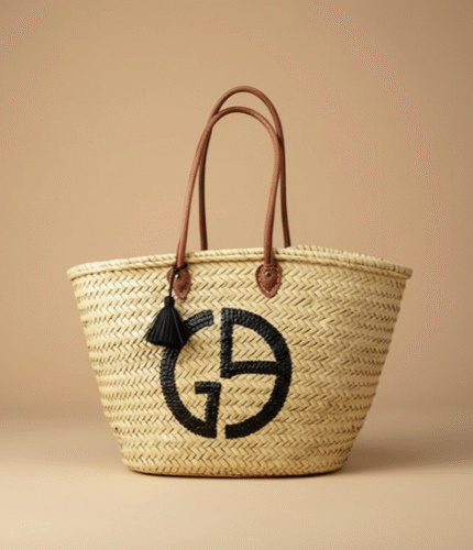 Designer Straw Tote Bag – Handwoven Beach & Market Basket with Leather Handles