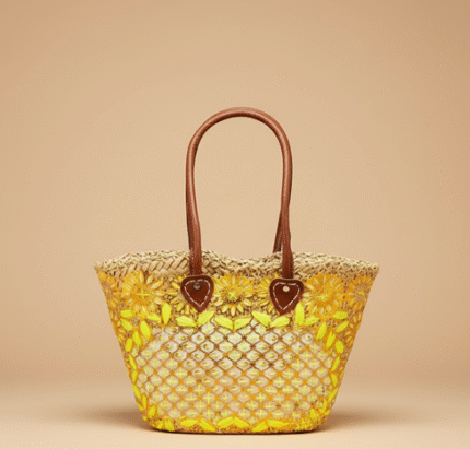 Embroidered Straw Tote Beach Bag – Handwoven Summer Basket with Leather Handles