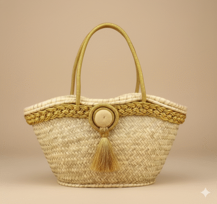 Golden Trim Straw Tote Bag – Handwoven Moroccan Beach Basket with Tassel Accent