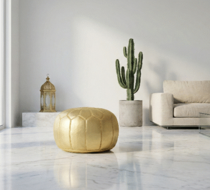 Champagne Gold Round Leather Ottoman 21″ – Handcrafted Moroccan Pouf with Star Embroidery