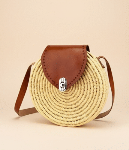 Round Straw Crossbody Bag – Handwoven Circle Purse with Leather Flap