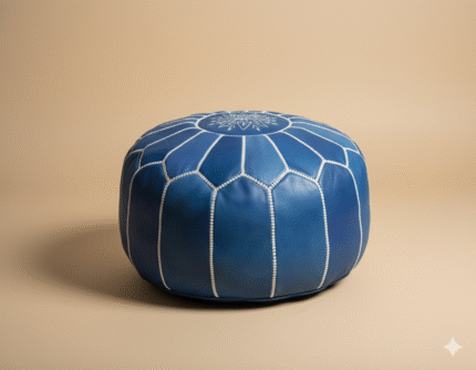 Denim Blue Moroccan Leather Pouf – Handcrafted 21″ Round Floor Ottoman