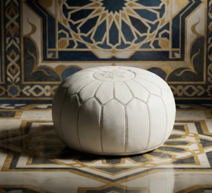 White Leather Round Ottoman 21″ – Handcrafted Floor Pouf