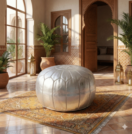 Silver Leather Round Ottoman 21″ – Handcrafted Moroccan Floor Pouf (Metallic Finish)
