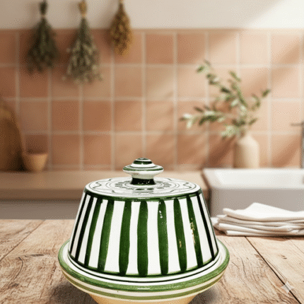 Handcrafted Green Striped Ceramic Tagine – 20cm Moroccan Cooking Pot