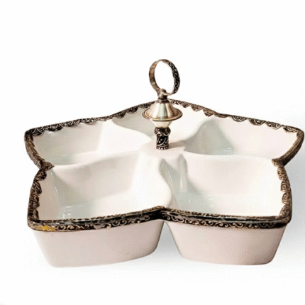Handcrafted White Ceramic Divided Plate with Silver Accents – 5-Compartment Serving Dish (25 cm)