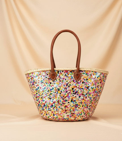 Rainbow Sequin Straw Tote – Handwoven Moroccan Market Basket with Genuine Leather Handles