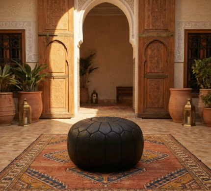 Black Leather Round Ottoman 21″ – Handcrafted Floor Pouf