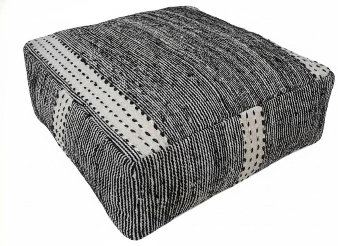 Vintage Moroccan Kilim Pouffe – Handmade Gray Wool Floor Cushion (60×60×20 cm)