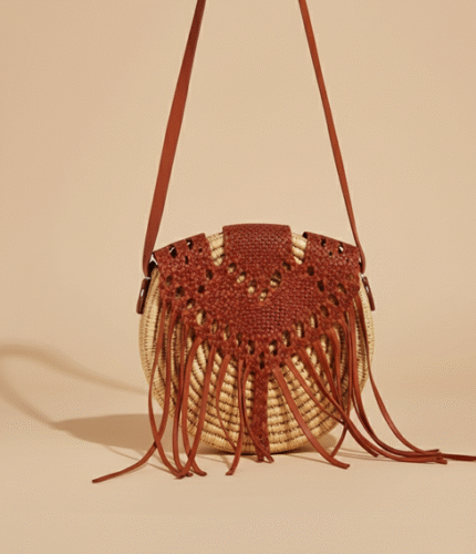 Handmade Circle Straw Bag with Leather Fringe – Boho Crossbody Purse